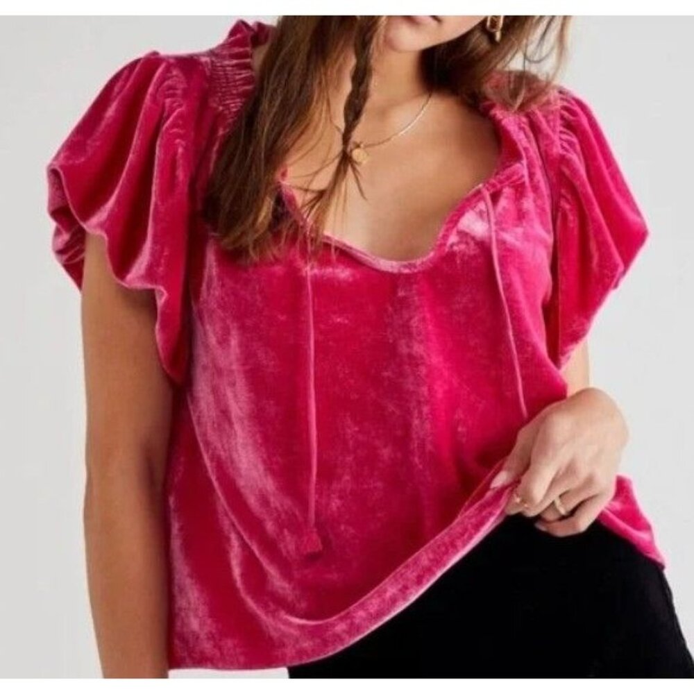 Free People Terese Velvet Short Sleeve Top Ruffle Coquette Twee Barbiecore Girly